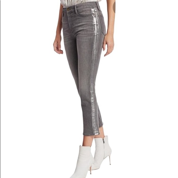 Frame Le High Straight Leg Foil Tuxedo Stripe Jeans Size 26 in Gray Field Foil - Picture 14 of 14